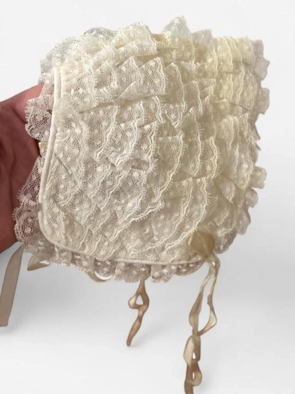 Vintage Ivory Lace Baby Bonnet with Satin Ties